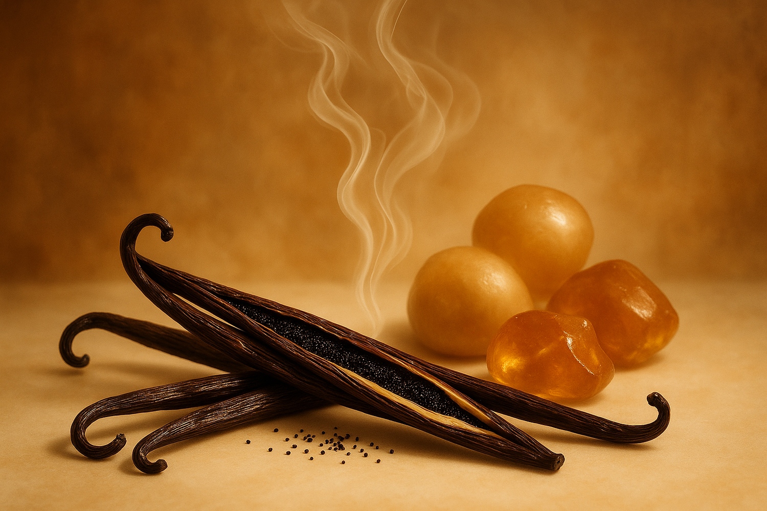 make a image of the ingridient mention in the story The scent settles into a warm, comforting base of musk and vanilla, creating a refined and divine aroma.