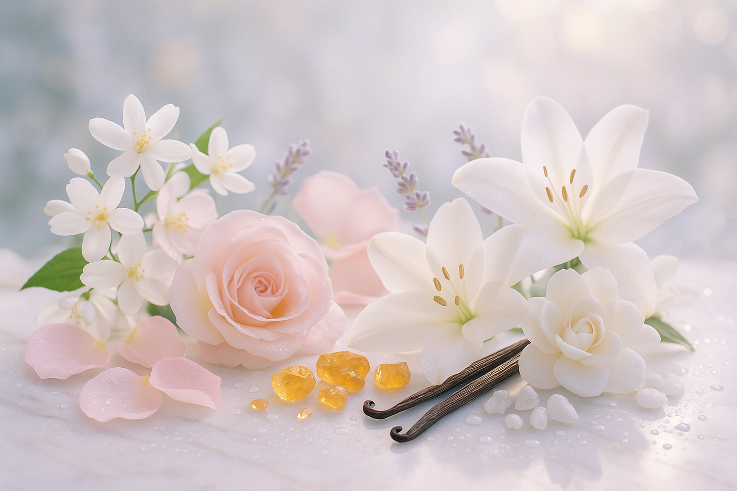 create a image of the ingridients from the story Asmira captures the serenity and beauty of a heavenly bloom, leaving behind a delicate, long-lasting impression.