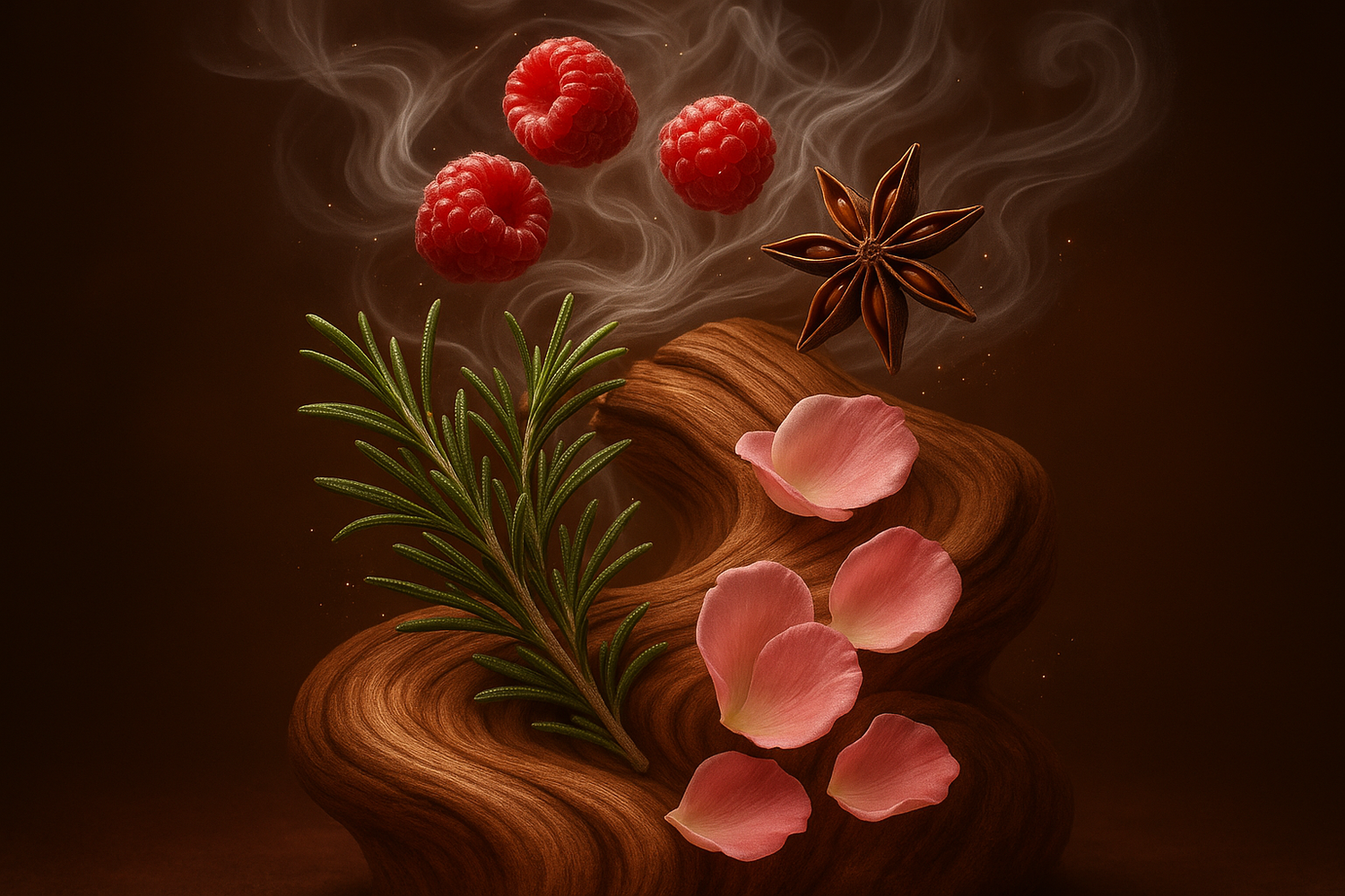 At the top, succulent Raspberry dances with the aromatic embrace of Anise, creating a sweet and spicy overture that captivates the senses. The heart of the fragrance unfolds with the herbaceous elegance of Rosemary, entwined with the velvety warmth of Cashmere wood and the timeless allure of Rose petals.