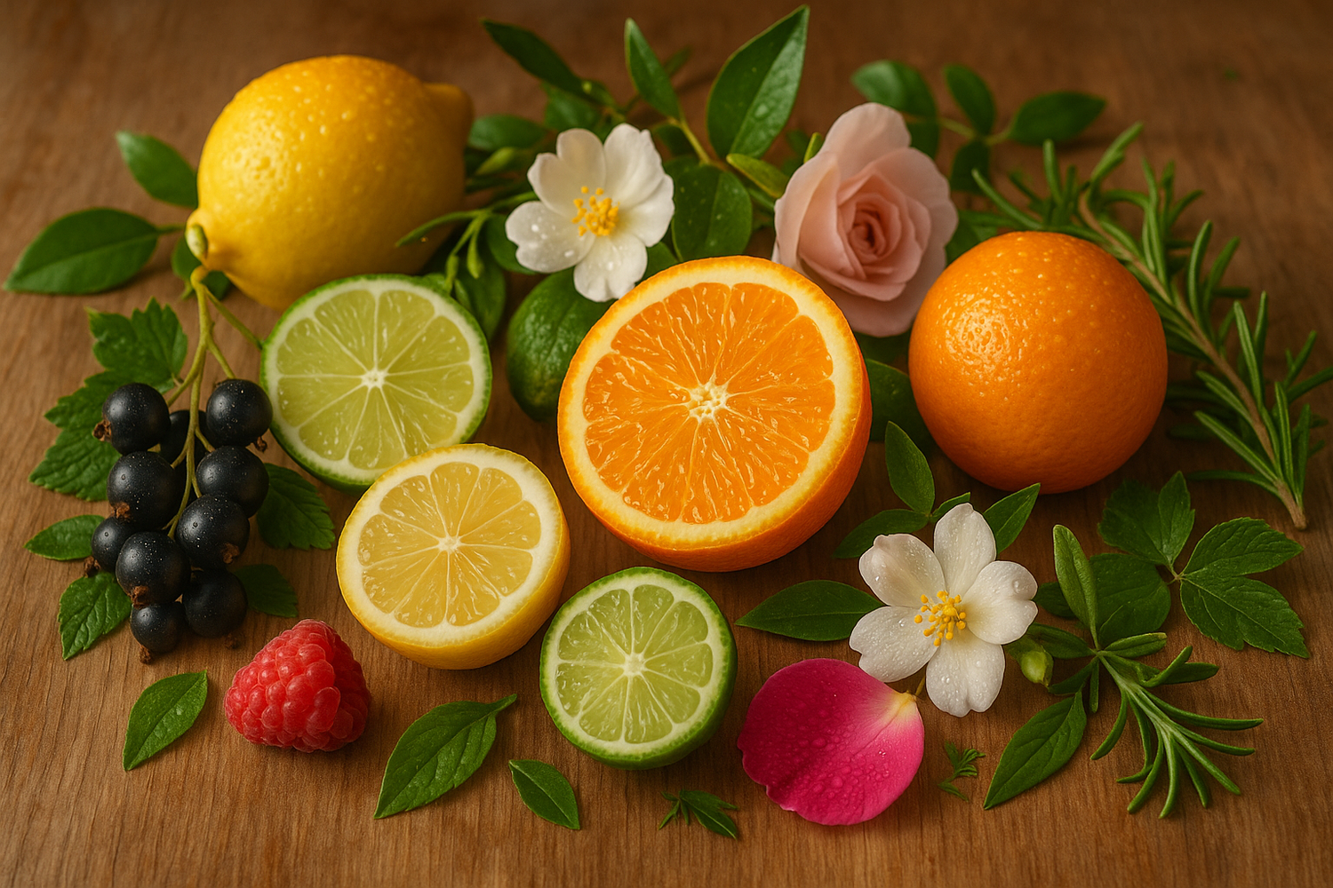 create a image of ingredients mention in the story A fruity and lively prelude that evokes the spirited essence of nature in full bloom. This harmonious blend is a celebration of life's vibrant moments, offering a fragrance that is both timeless and contemporary, like an enchanting melody that plays on the skin.