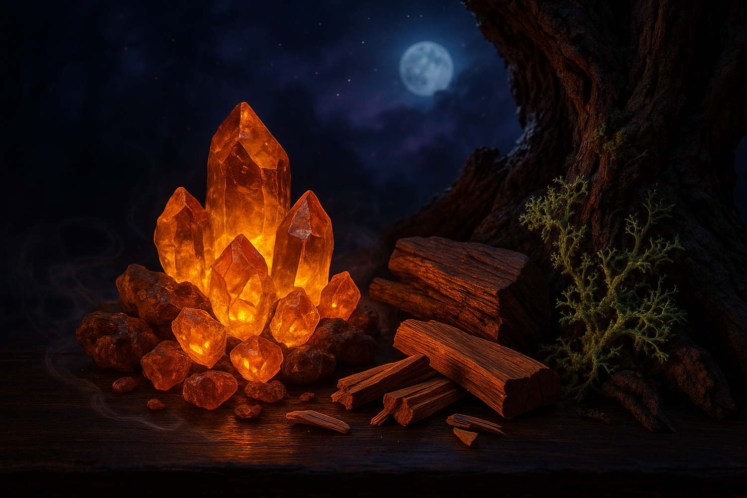 create a image of ingredients mention in the story As twilight descends, the base notes of ambery warmth, woody depth, and oak moss weave an alluring tale of the enchanting nights under the moonlight.