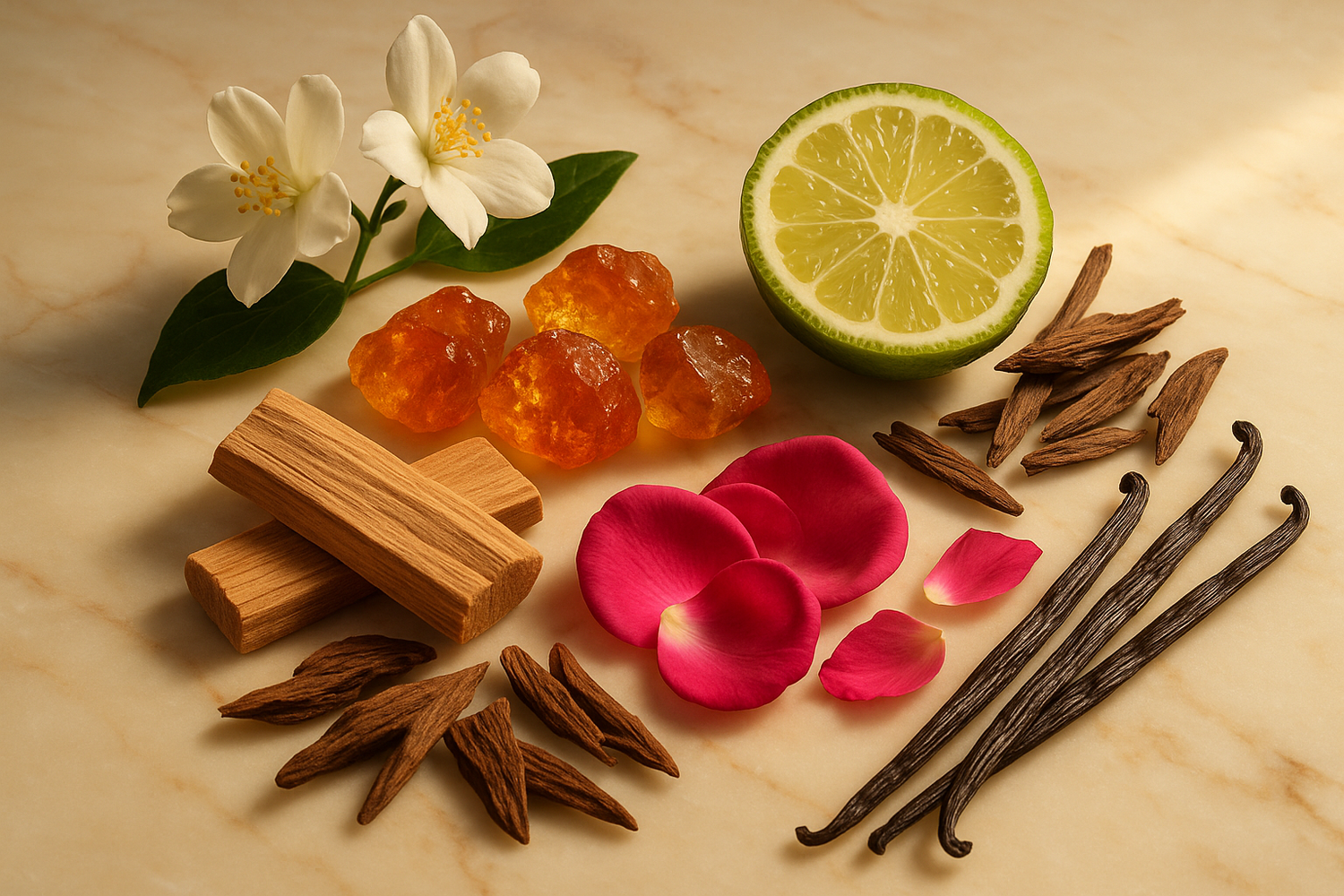 create a image of ingredients mention in the story Divine is more than just a scent; it's an experience, a journey into the realms of sophistication and allure. Perfectly balanced, this fragrance is designed for those who seek to leave an indelible mark, an aromatic signature that whispers elegance and grace.