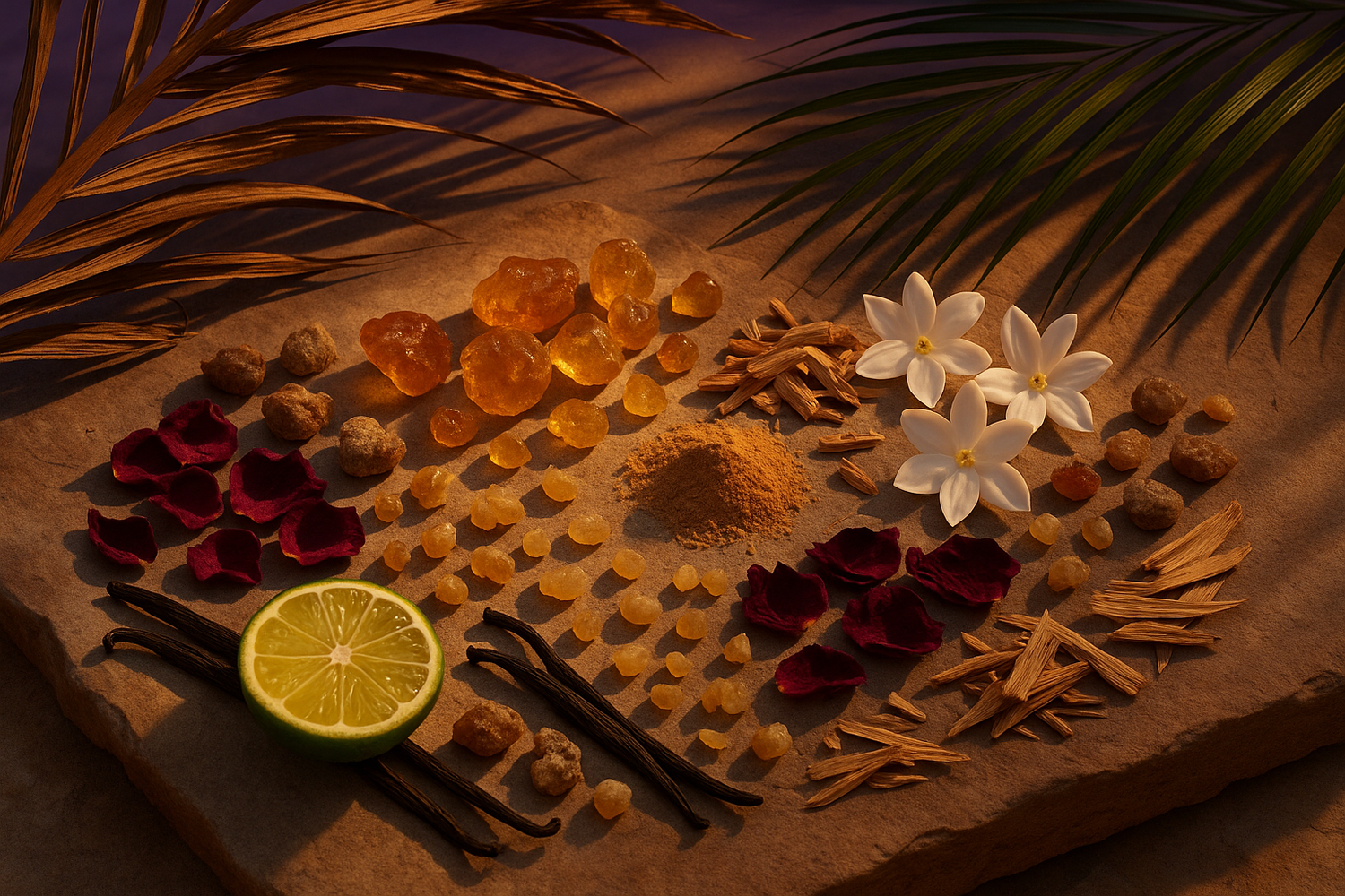 create a image of ingredients mention in the story Whispers became more than a fragrance; it became a whispered secret, an invitation to explore the untold stories beneath the shade of the desert palms.
