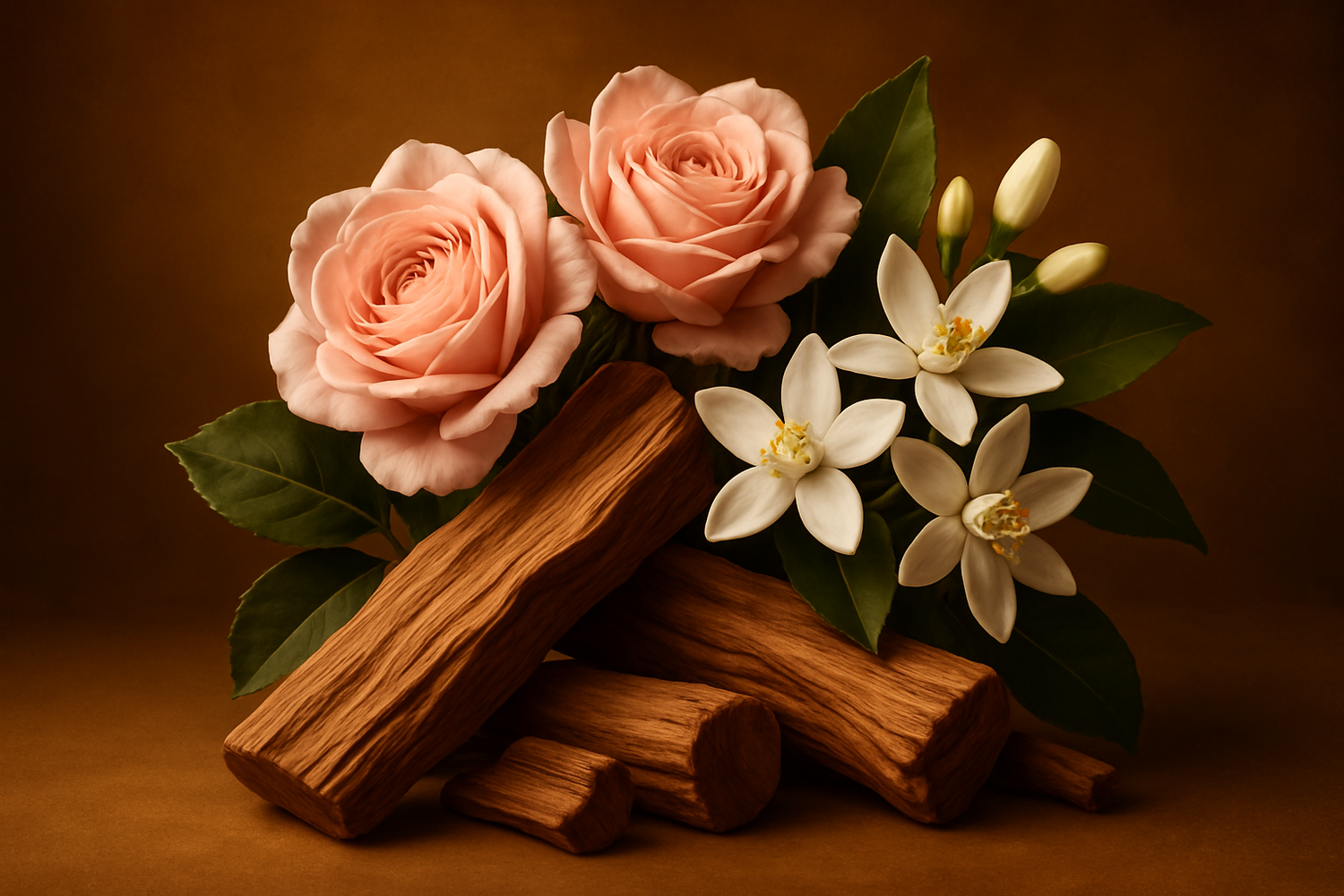 create a image of ingredients mention in the story As the scent evolves, the base notes of Cashmere Wood, Rose, and Orange Blossom emerge, leaving an indelible mark of refinement. The interplay of these luxurious elements creates a warm and velvety finish, wrapping you in a comforting embrace that lingers throughout the day.