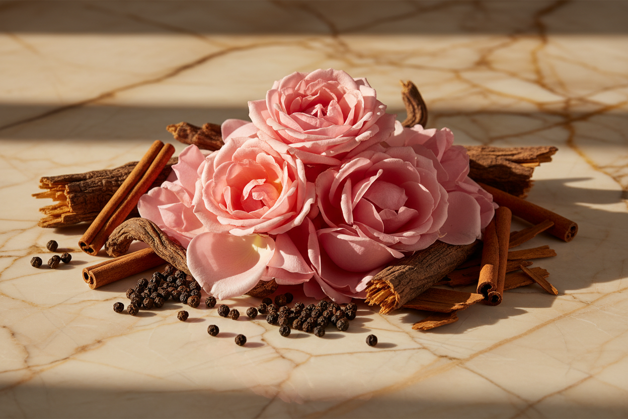 give ingredient image - Middle Notes: Rose, Pepper, Licorice, Dry wood, Cinnamon