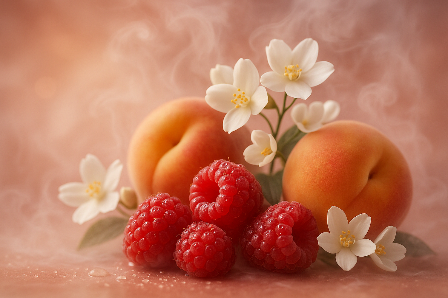 The heart unfolds with sweet raspberry, juicy peach, and delicate jasmine, adding a soft, fruity floral allure.