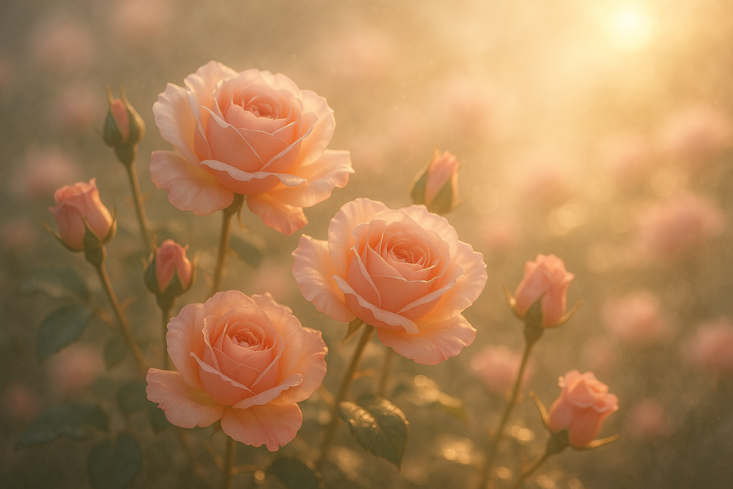 Roses awaken one by one, their blushing faces turned toward the sun. Each petal catches the light like silk, glowing with the warmth of morning. The air is soft, perfumed with the promise of romance. It’s not just fragrance, it’s feeling, suspended in the stillness of the hour.