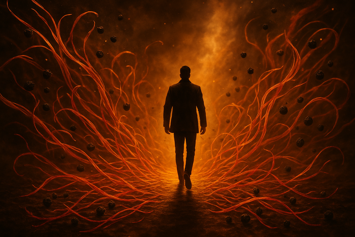 A lone figure walks forward, the air around him crackling with the spice of black pepper and saffron, a scent as bold as the path he treads.