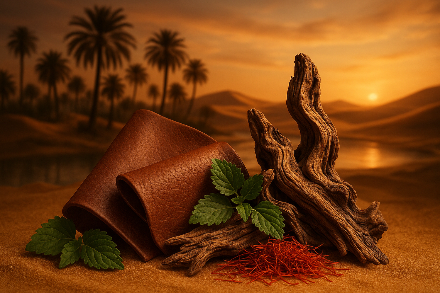  create a image of ingredients mention in the story As the day unfolded, the fragrance seamlessly transitioned into its heart notes, maintaining the enigmatic allure. The layers of leather, dry woods, patchouli, and saffron deepened, creating an olfactory symphony that echoed the mysteries hidden within the oasis.