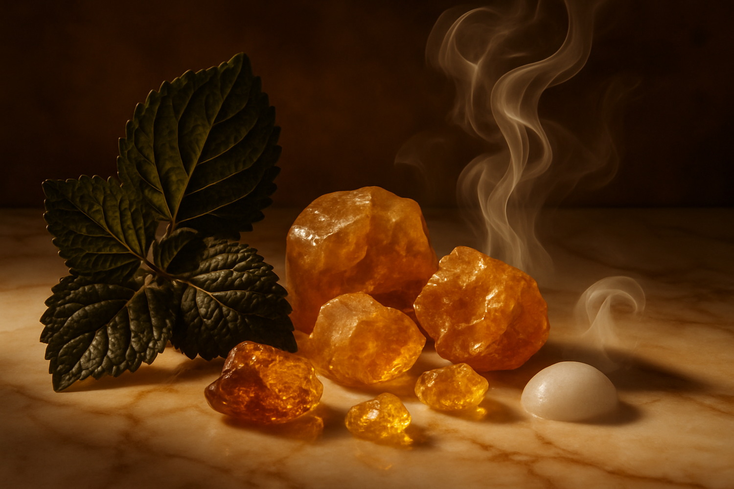  create a image of ingredients mention in the story The middle notes seamlessly blend, creating a captivating aura that embodies the essence of pure luxury.  Descending into the depths of allure, the base notes of Musk, Patchouli, and Ambergris weave a sensuous and mysterious trail