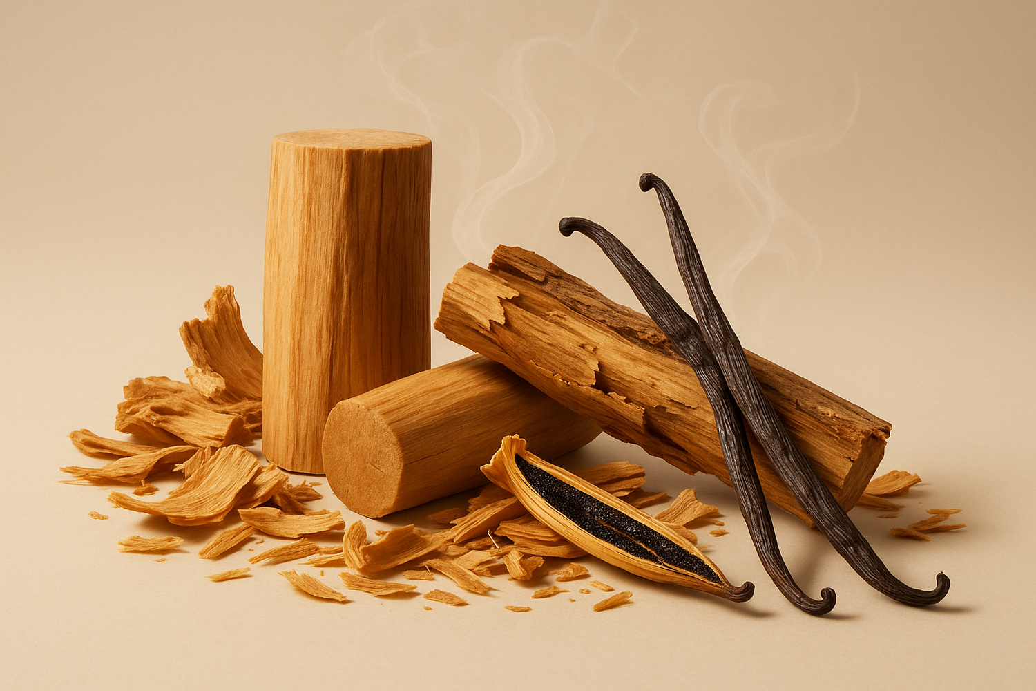 create a image of ingredients mention in the story  This wild olfactory escape gradually ends with a creamy base of sandalwood and vanilla, imparting a sense of liberty and relief to its user .