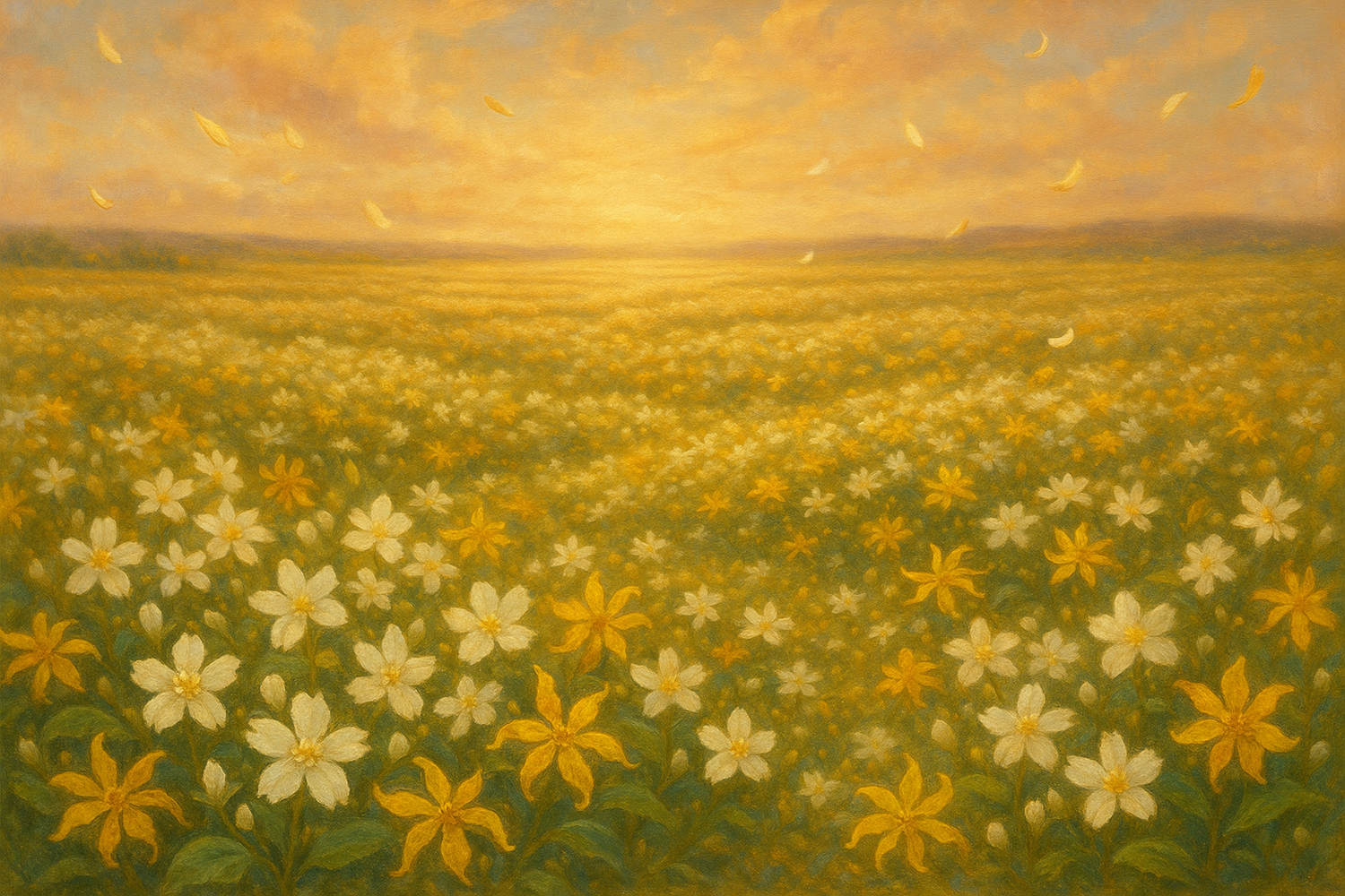 Vast fields stretch beneath an endless sky, swaying with jasmine and ylang-ylang. Their fragrance is soft, like a dream unfolding, delicate and warm. The breeze carries it gently, wrapping the senses in something both wild and comforting, like nature's lullaby.