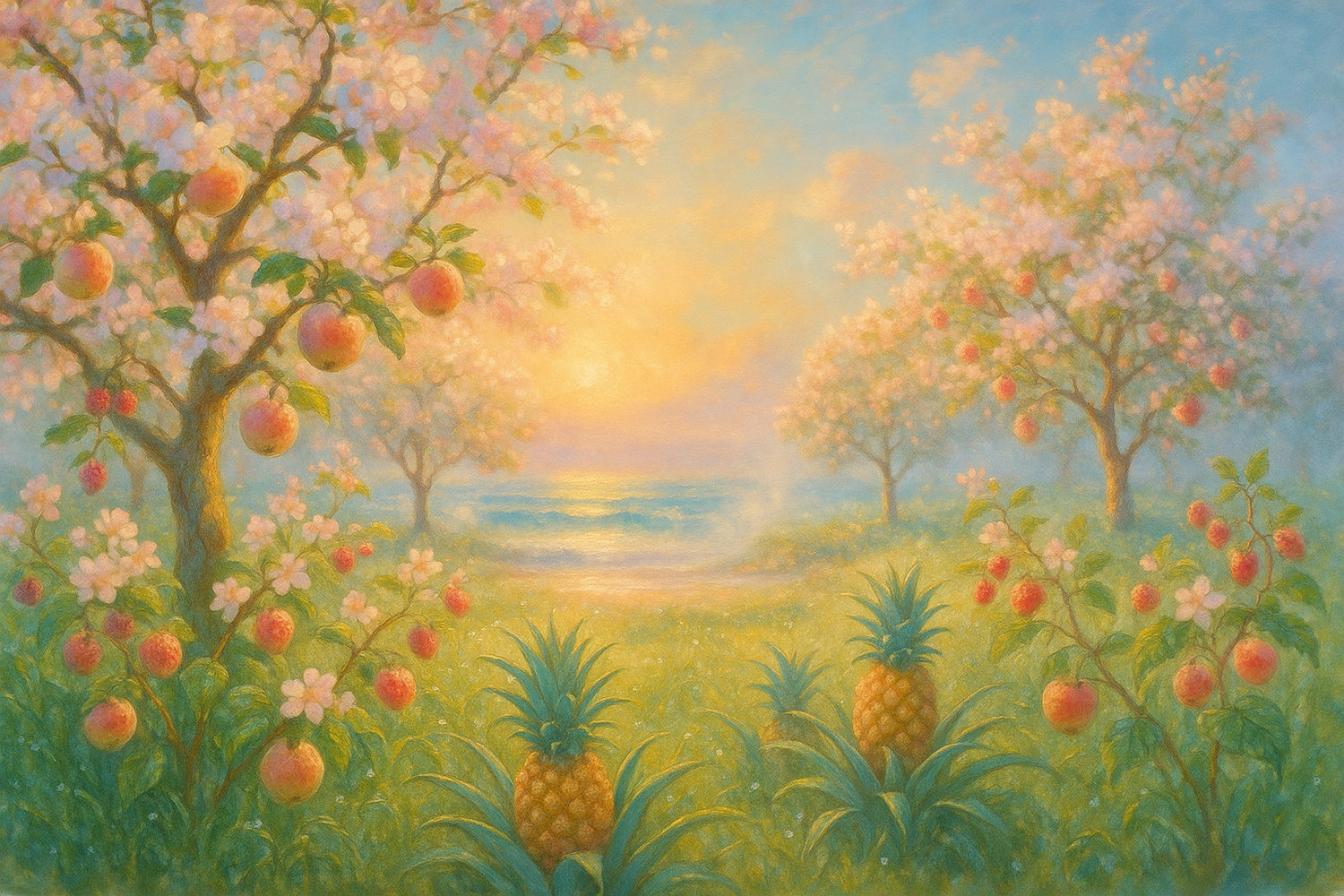 Generate Image based on this story As time passes, apple and raspberry sweeten the air, touched by pineapple and dewy greens. Aquatic whispers drift in, like a breeze over a blooming orchard by the sea.