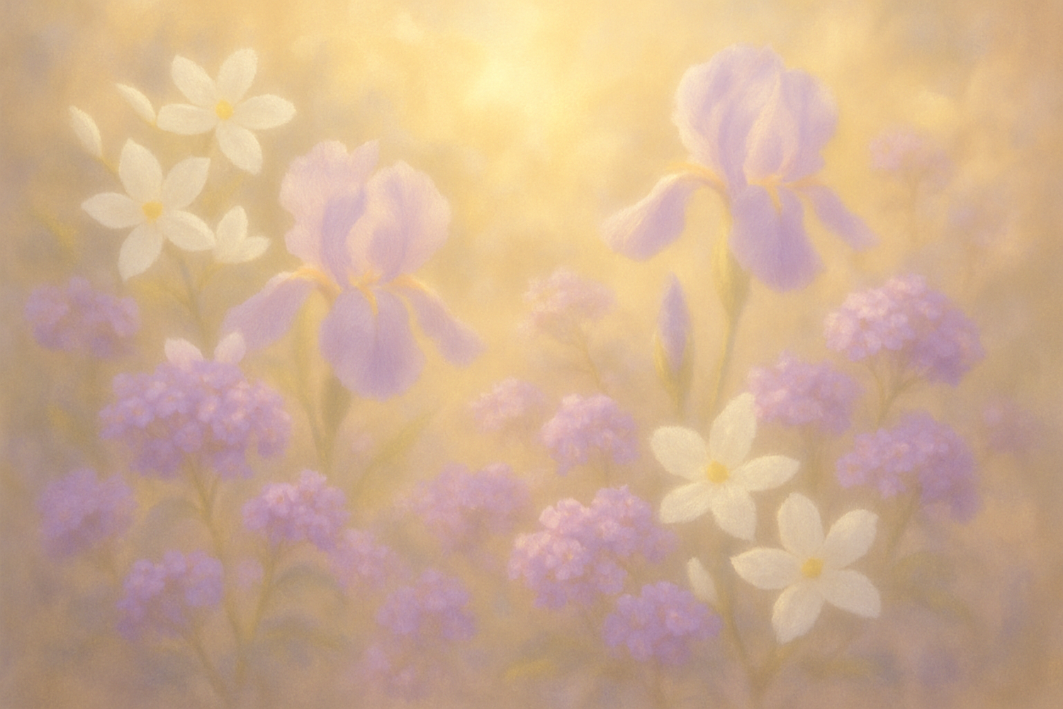 Give image based on this story - Soft jasmine and powdery orris unfolded at noon, touched by the dreamy warmth of heliotrope. A floral hush surrounded her, like a secret kept close to the heart.