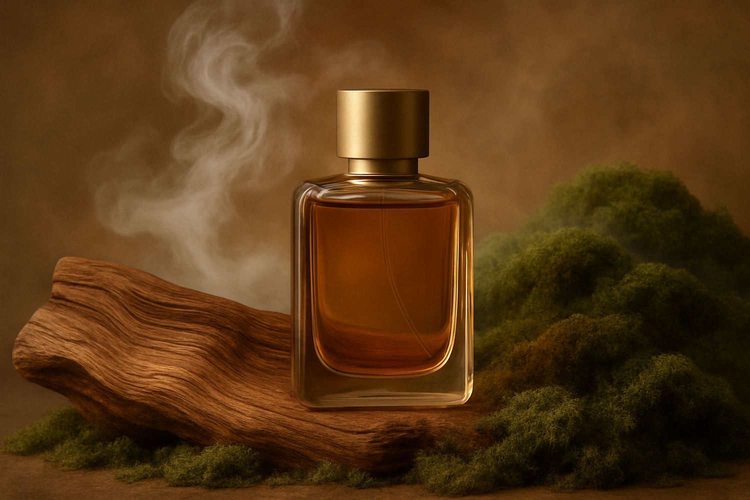 Give image - It settles into a smooth, earthy base of sandalwood, musk, and moss, leaving a serene and lasting impression.