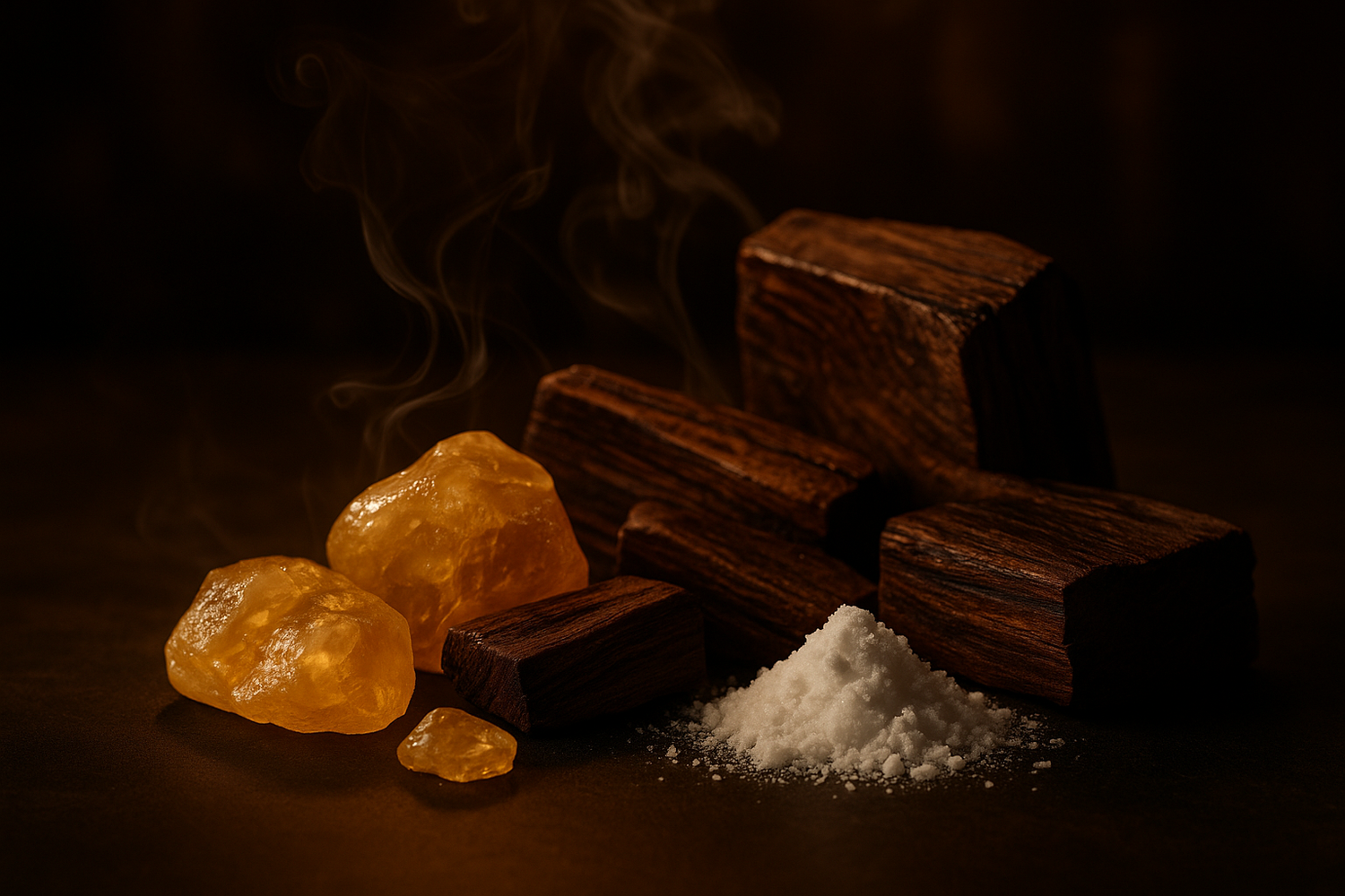 Give ingredient image based on this story - As evening settled, ambergris and guaiac wood wrapped her in a deep, earthy embrace. Musk lingered on her skin  mysterious, sensual, and impossible to forget.