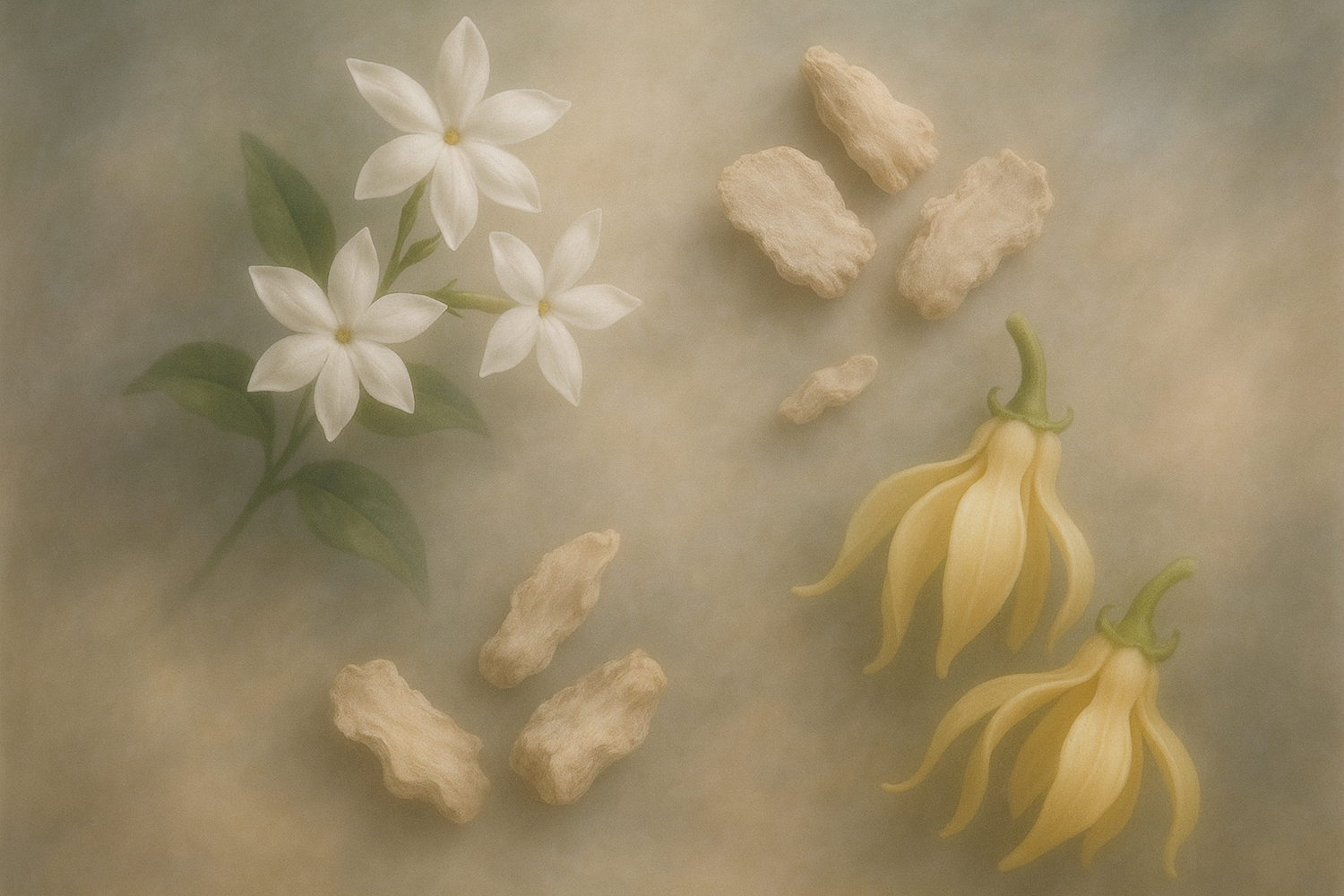 Give ingredient image based on this story - By midday, she was lost in her thoughts, surrounded by soft jasmine and velvety orris. The gentle touch of ylang ylang wrapped around her like a memory she never wanted to forget.