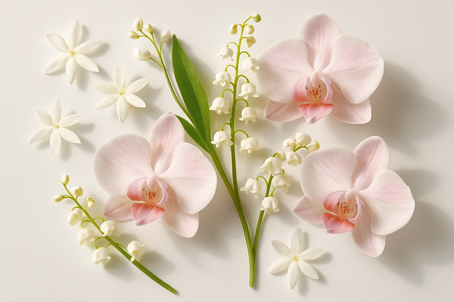 Give ingredient image based on this story - Then comes the heart soft jasmine, lily of the valley, and delicate orchid unfold. They bloom gently, like confidence growing quietly from within.