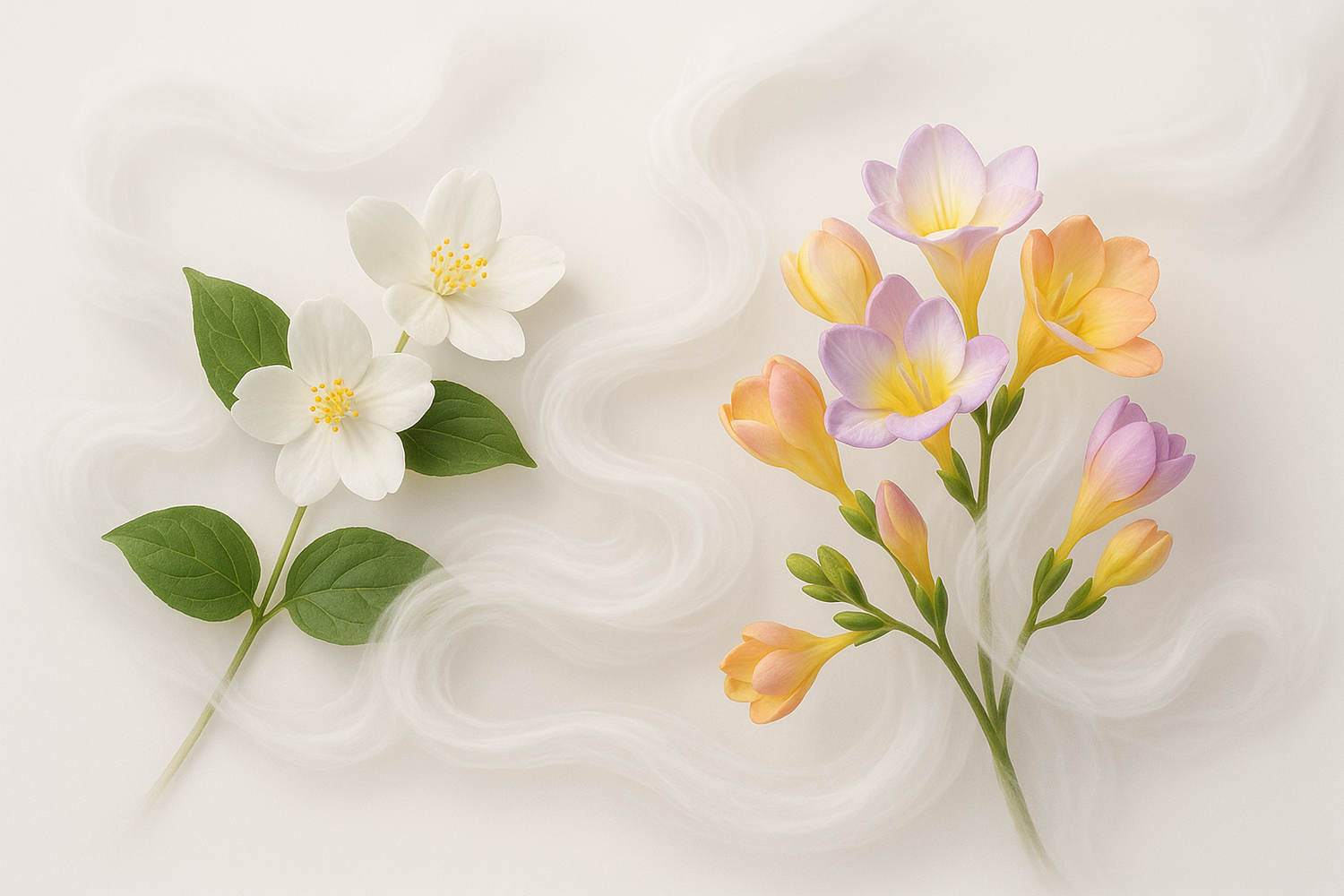 create a image of ingredients mention in the story The flowing notes of jasmine and freesia are complemented by the serene and care free white musk in the base to evoke a peaceful symphony that never ends…