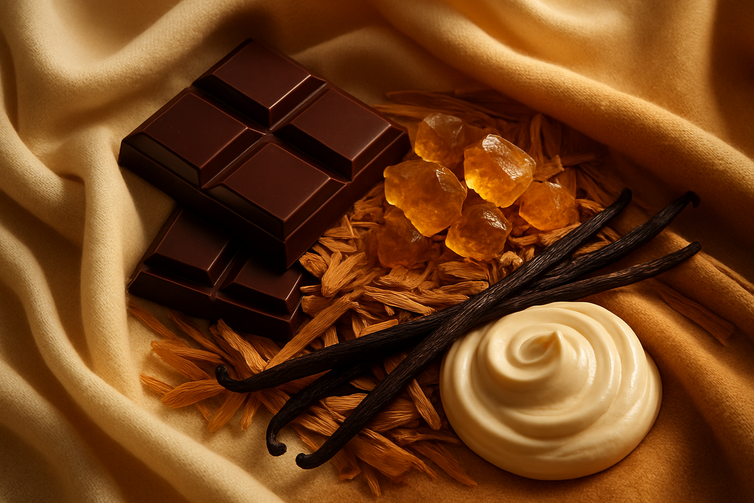  The heart reveals a decadent blend of cashmere, dark chocolate, labdanum, sandalwood, and creamy vanilla, creating a smooth, enveloping warmth.