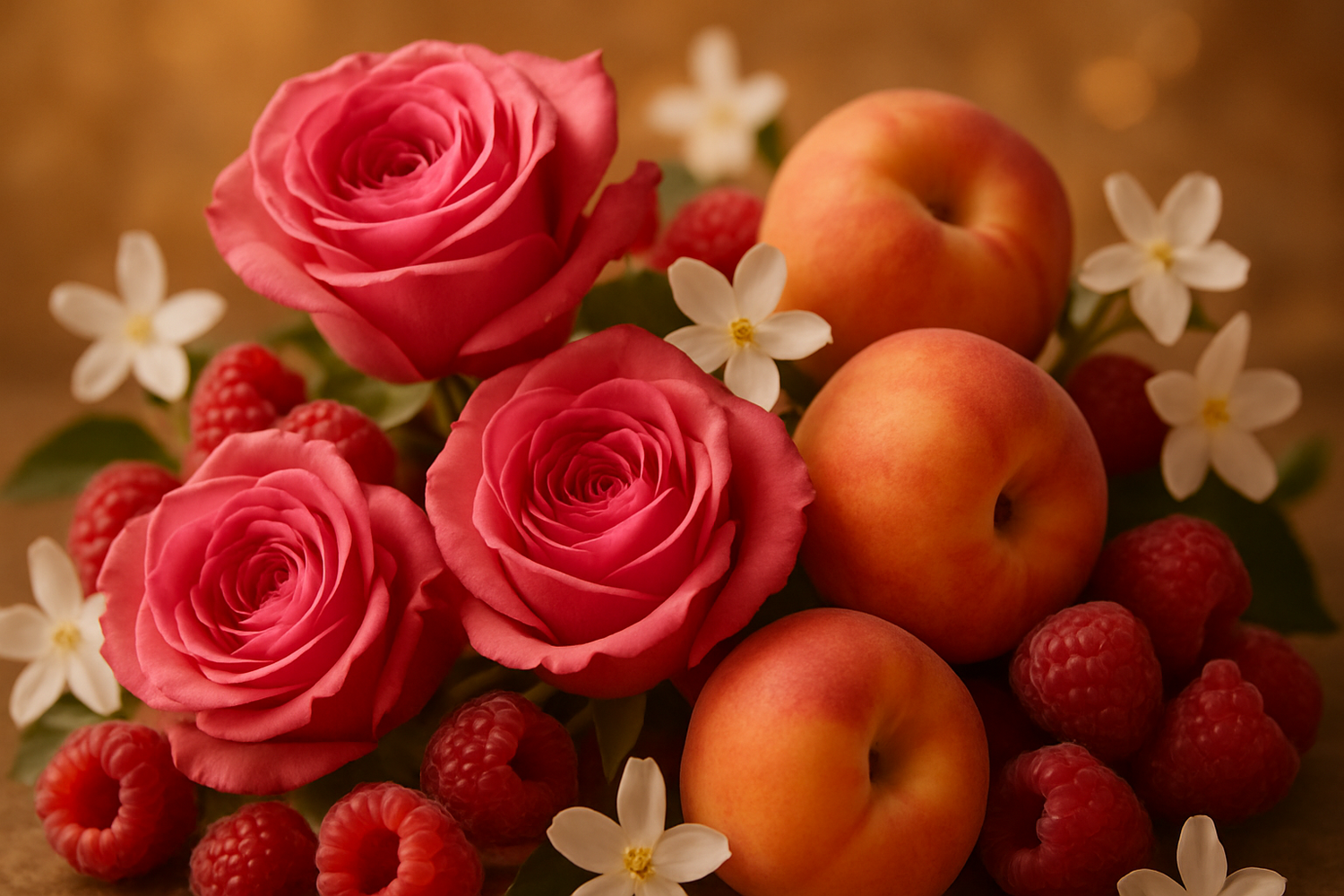  The heart blends the sweet elegance of rose with the juicy richness of raspberry, peach, and the delicate floral notes of jasmine, creating a lively and sophisticated bouquet. 