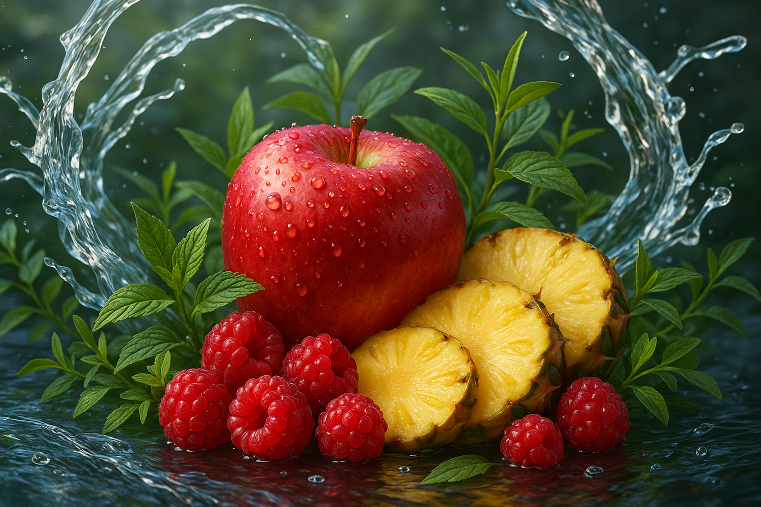  The heart reveals a vibrant mix of apple, raspberry, pineapple, complemented by aquatic and green notes, adding depth and a touch of nature. 