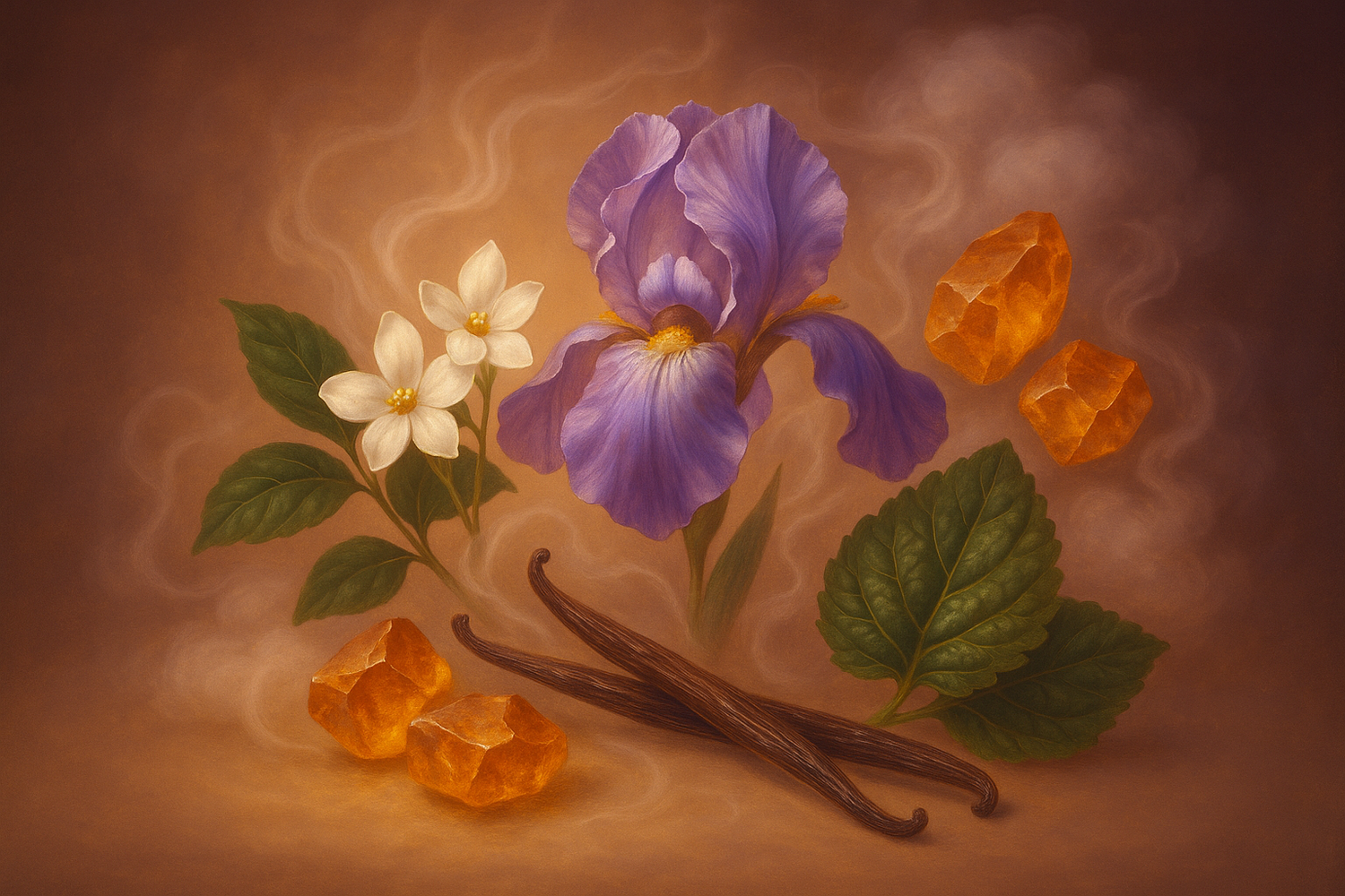 The heart unfolds with lush Jasmine and Iris, leading to a warm, sensual base of Patchouli, Amber, Vanilla, and Musk.