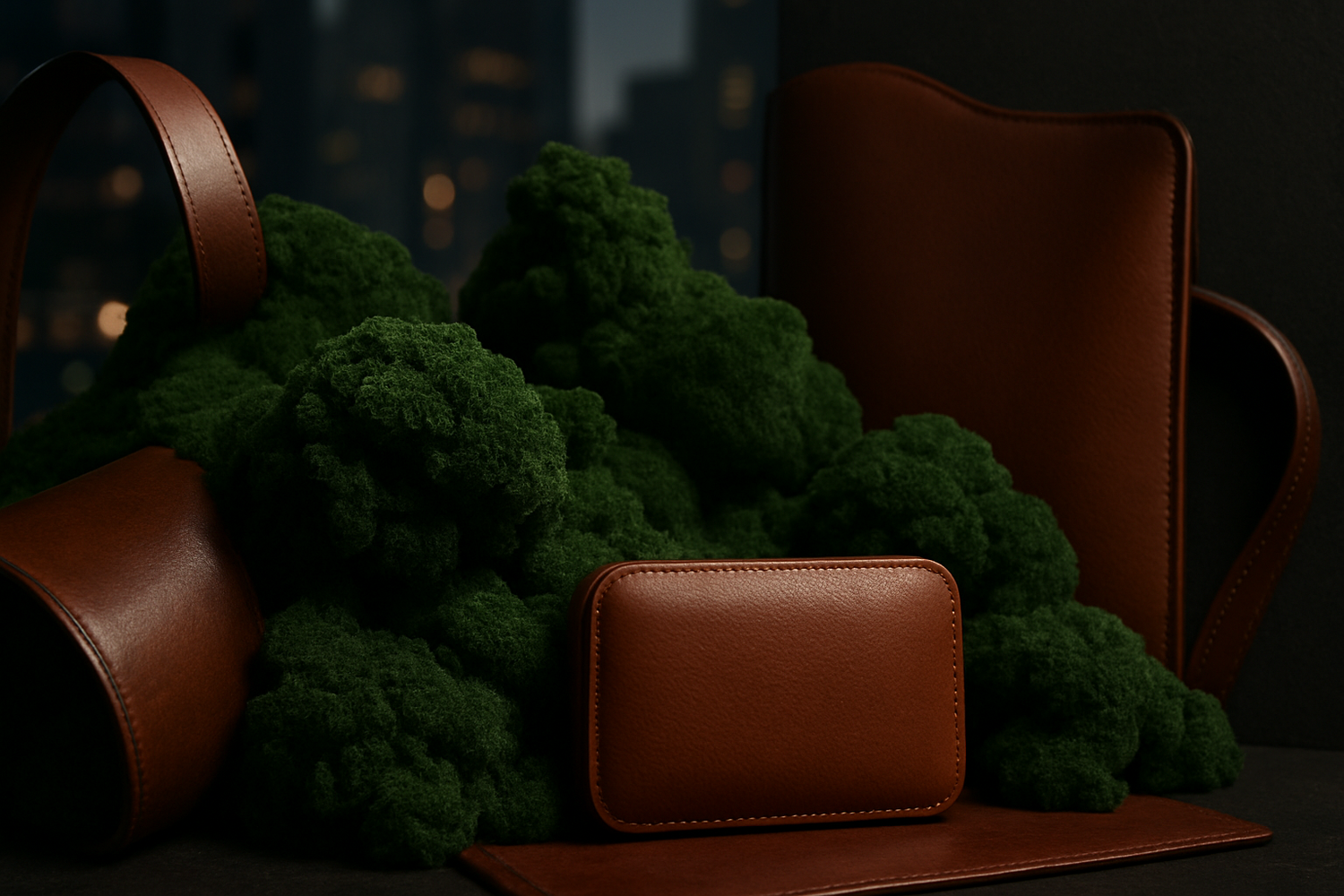  The intense base of moss and genuine leather conveys an air of refinement and an on-going metropolitan flair.