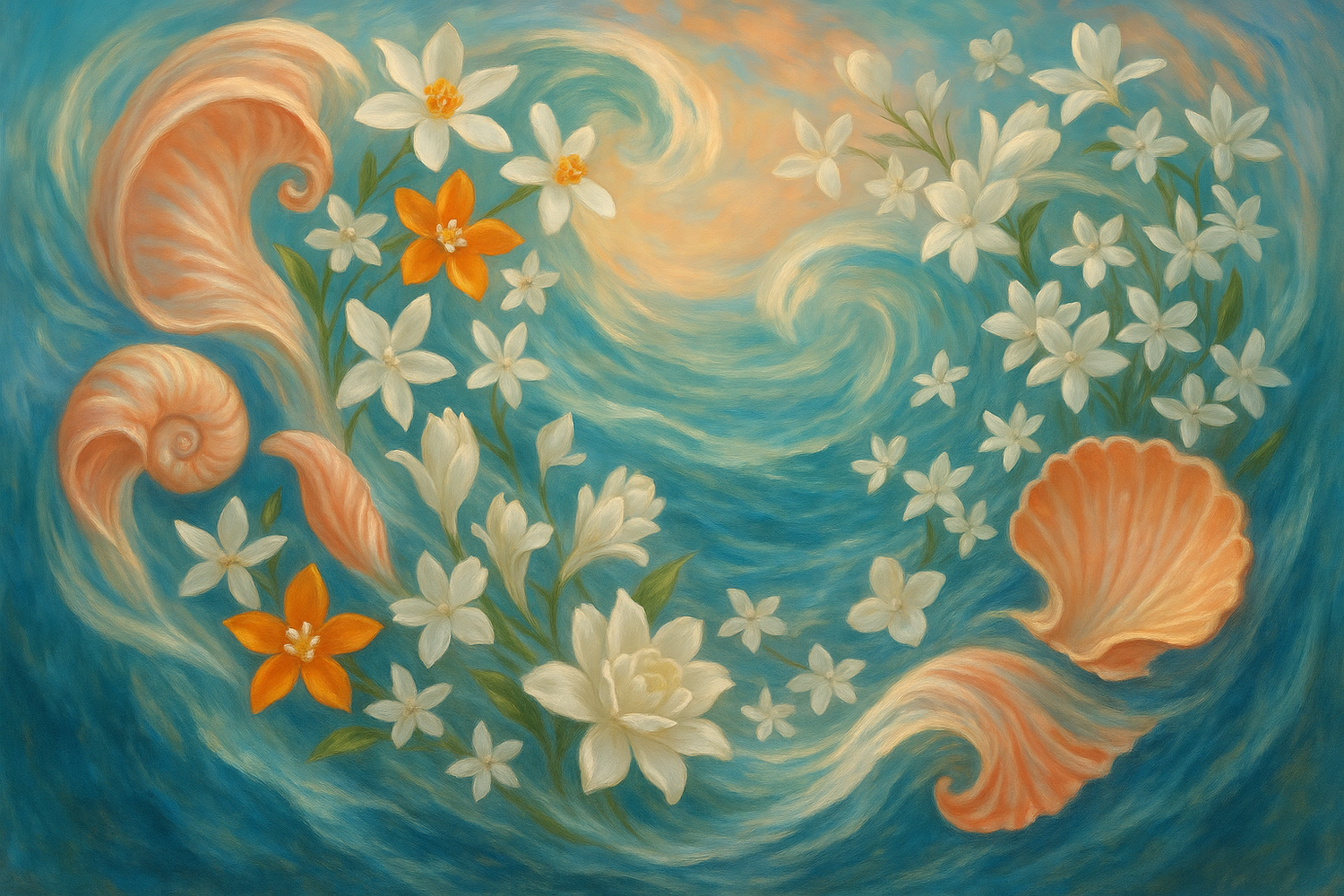  create a image of ingredients mention in the story Bright notes of orange blossom and tropical shell twirl like an ocean wave with the intoxicating tuberose and jasmine.